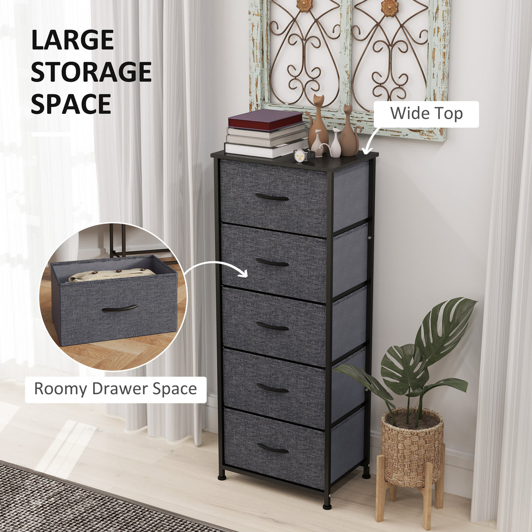 Fabric Chest of Drawers, Industrial Bedroom Dresser with 5 Fabric Drawers, Steel Frame and Wooden Top for Nursery, Living Room, Hallway, Dark Grey