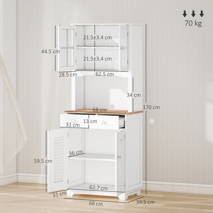 Modern Kitchen Cupboard, Louvered Kitchen Storage Cabinet with Framed Glass Doors and 2 Drawers, White