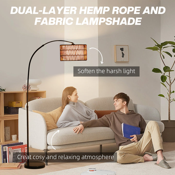 Rattan Floor Lamp for Living Room, Farmhouse Arc Standing Lamp with Dual-Layer Shade & Foot Switch, Height Adjustable Minimalist Tall Pole Lampshade for Bedroom, Office, Black