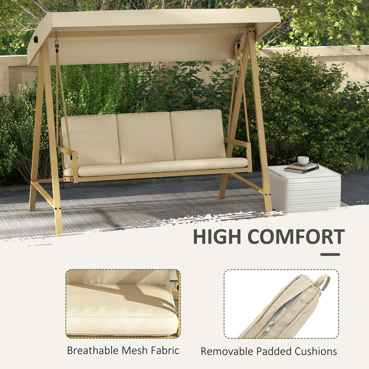 Three-Seat Garden Swing Chair, with Adjustable Canopy - Beige