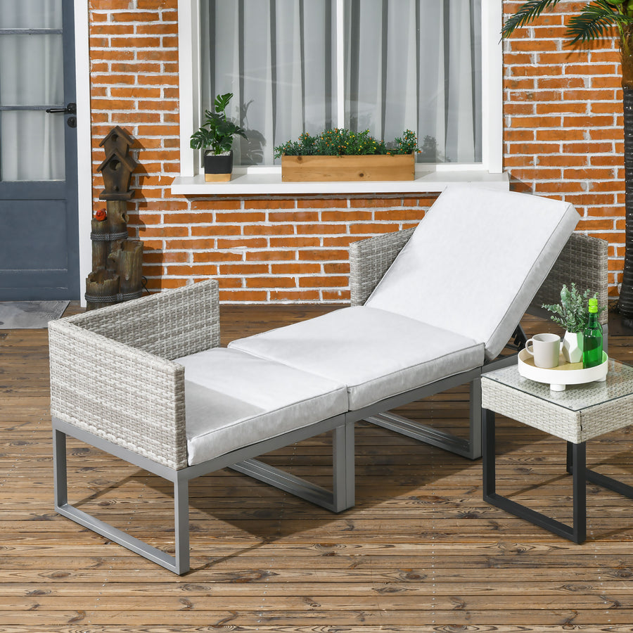 3-in-1 Rattan Bistro Set, Wicker Garden Furniture Set with 2-level Rising Table, Adjustable 3-seater Sofa Lounger with Washable Cushions for Outdoor, Patio, Balcony, Grey