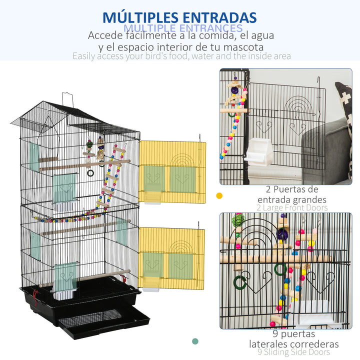 PawHut Bird Cage with Accessories, Suitable for Budgies, Finches, Canaries, Includes Toys, Tray, Handle, 46 x 36 x 100 cm, Black | Aosom UK