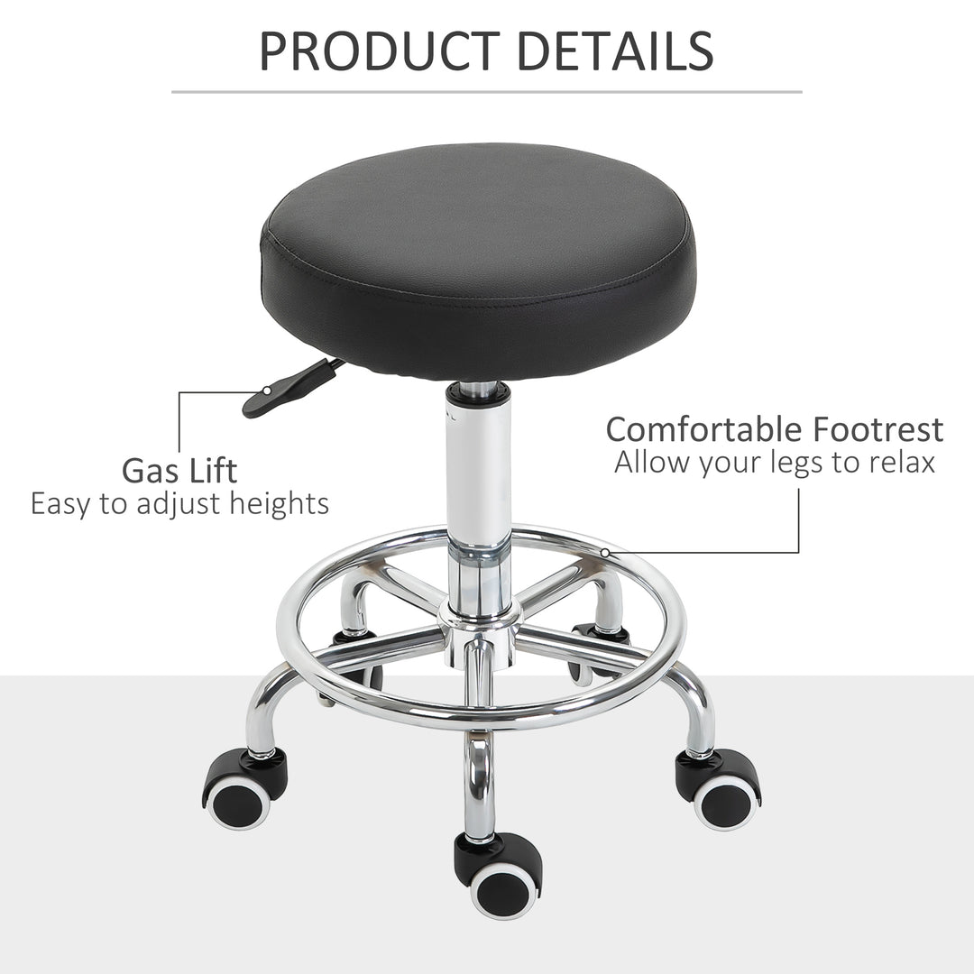 Round Rolling Stool, PU Leather Height Adjustable Stool Chair with Wheels and Swivel Seat for Salon, Massage, Spa, Home Kitchen, Black