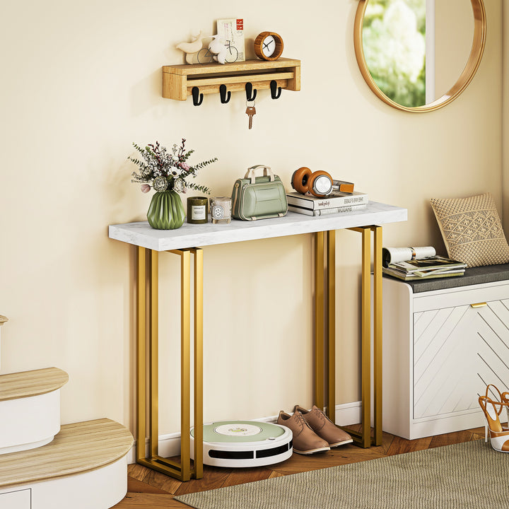100 cm Console Table with Faux Marble Top, Narrow Entryway Table with Anti-tipping Device