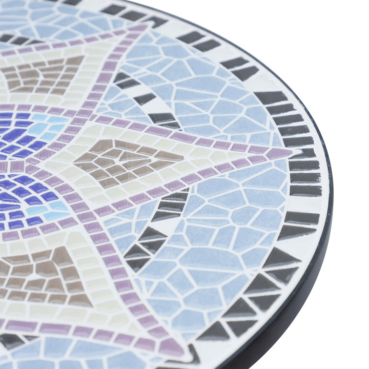 Outdoor Mosaic Round Garden Table, Patio Bistro Coffee Side Table with 60cm Ceramic Top for Garden, Blue and White