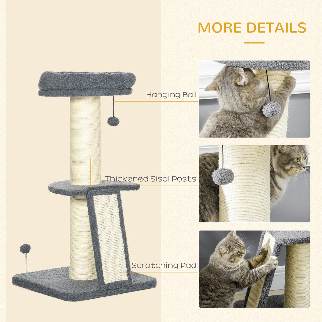 PawHut Cat Tree Tower: Scratching Posts, Pad, Bed, Toy Ball for Cats under 6kg, Dark Grey & Beige | Aosom UK