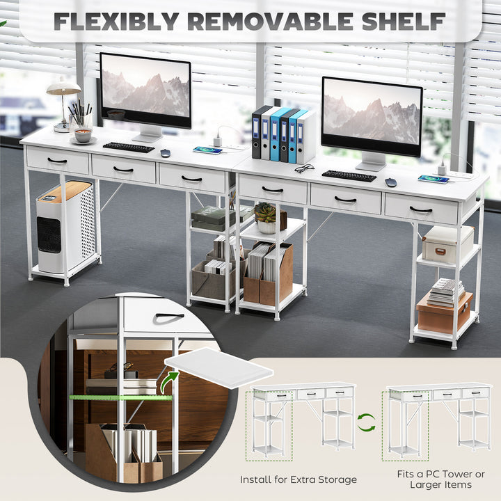 120cm Computer Desk with Power Outlets, Office Desk Study Table with 3 Fabric Drawers and 4 Storage Shelves, White