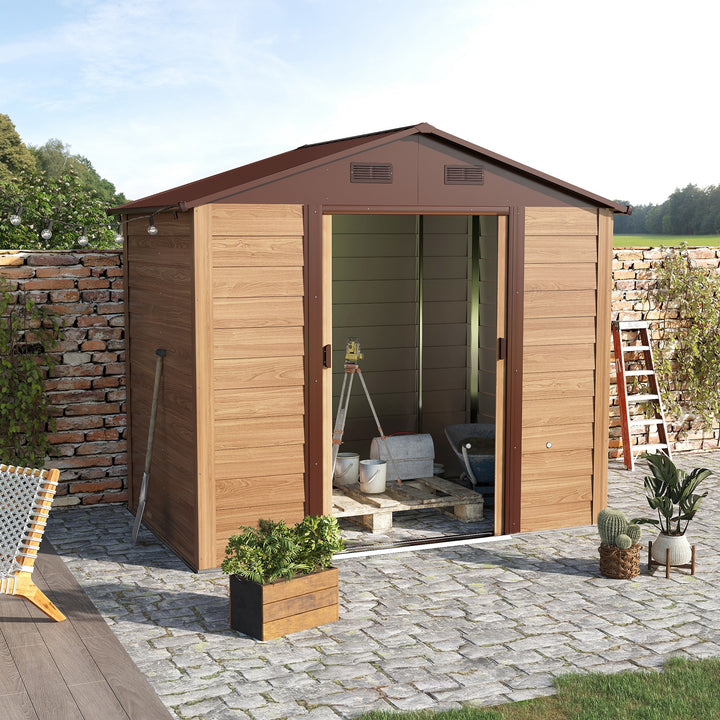 Outsunny 8 x 6.5 ft Metal Garden Storage Shed Apex Store for Gardening Tool with Foundation Ventilation and Lockable Door, Brown | Aosom UK