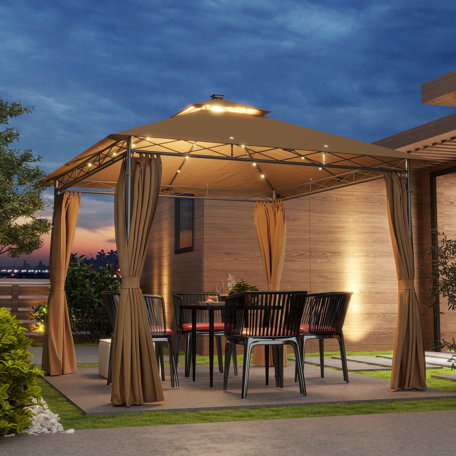 3 x 3 m Solar LED Metal Gazebo - Brown