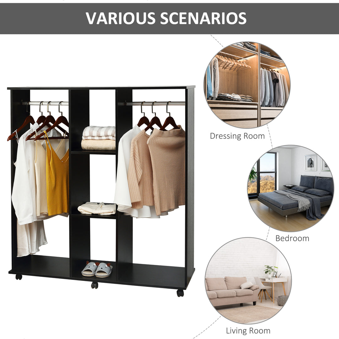 HOMCOM Double Mobile Open Wardrobe With Clothes Hanging Rails Storage Shelves Organizer Bedroom Furniture - Black | Aosom UK