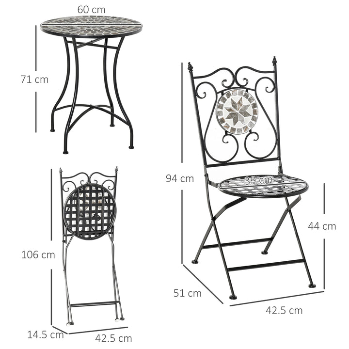 MCL 3 Pcs Mosaic Tile Garden Bistro Set Outdoor Seating w/ Table 2 Folding Chairs Set Metal Frame Elegant Scrolling Indoor Patio Balcony