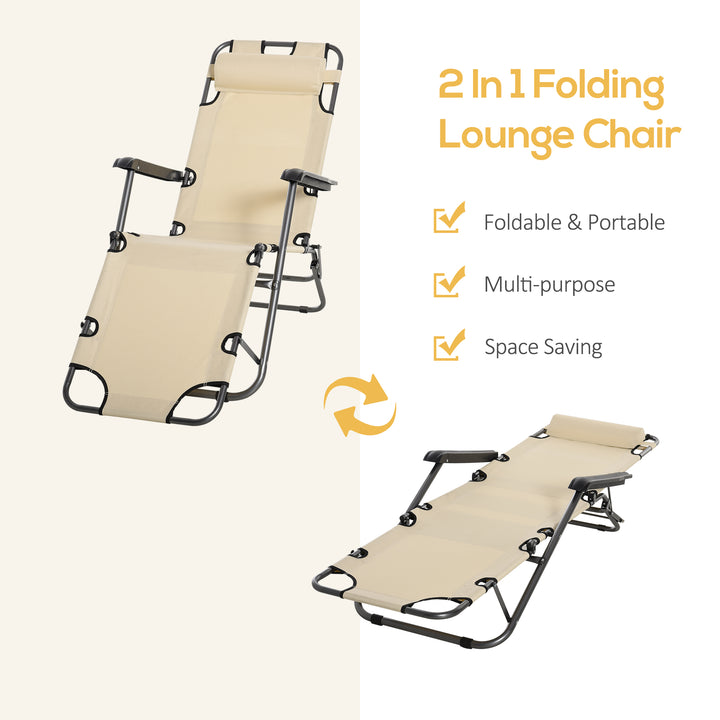 2 in 1 Folding Sun Lounger Reclining Garden Chair Set of 2 with 2-Level Adjustable Backrest, Outdoor Zero Gravity Recliner Garden Chairs with Head Pillow and Armrests, Beige