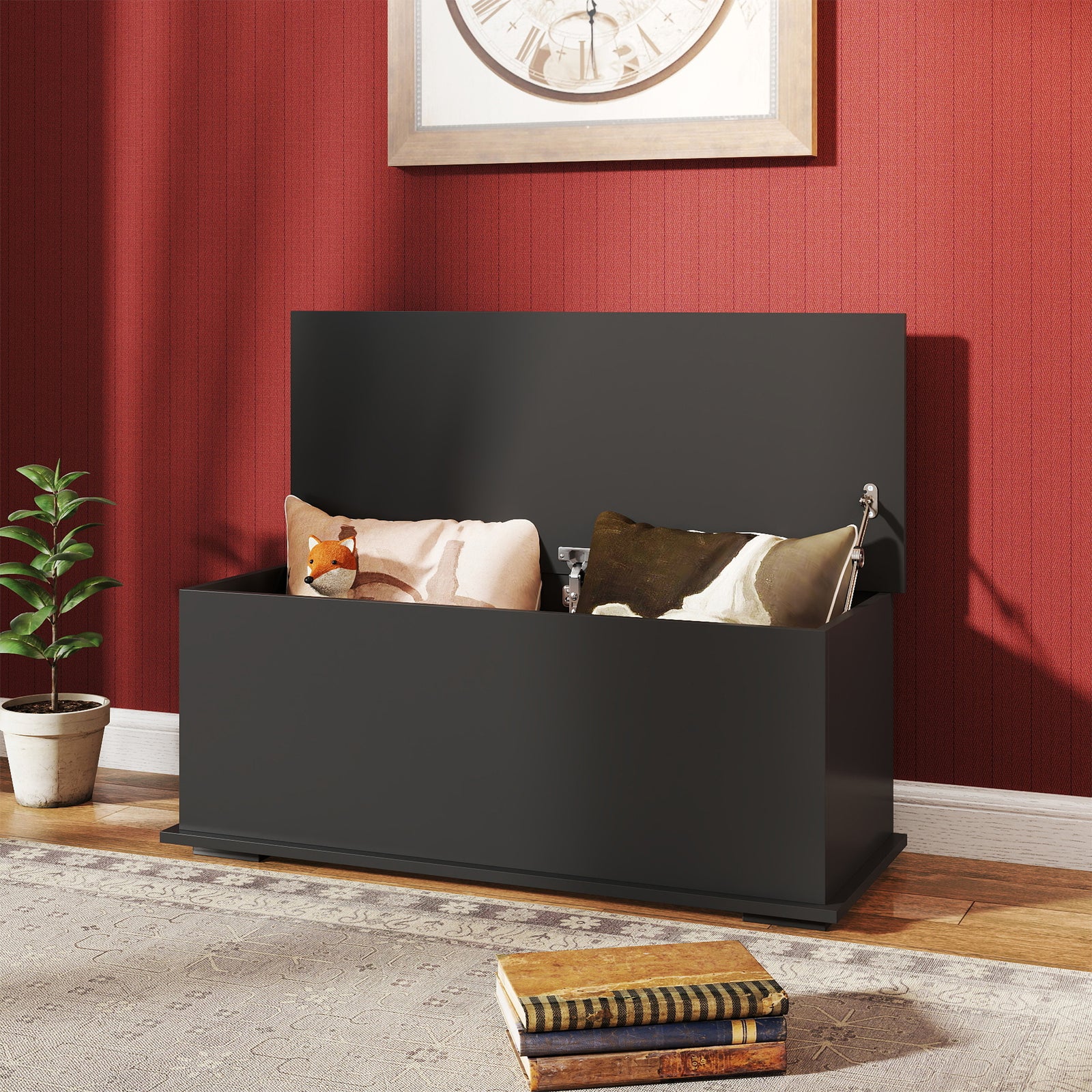 113L Storage Chest, Storage Box with Flip-Top Lid and 2 Safety Hinges, Storage Trunk for Living Room, Entryway, 100 x 40 x 40 cm, Black