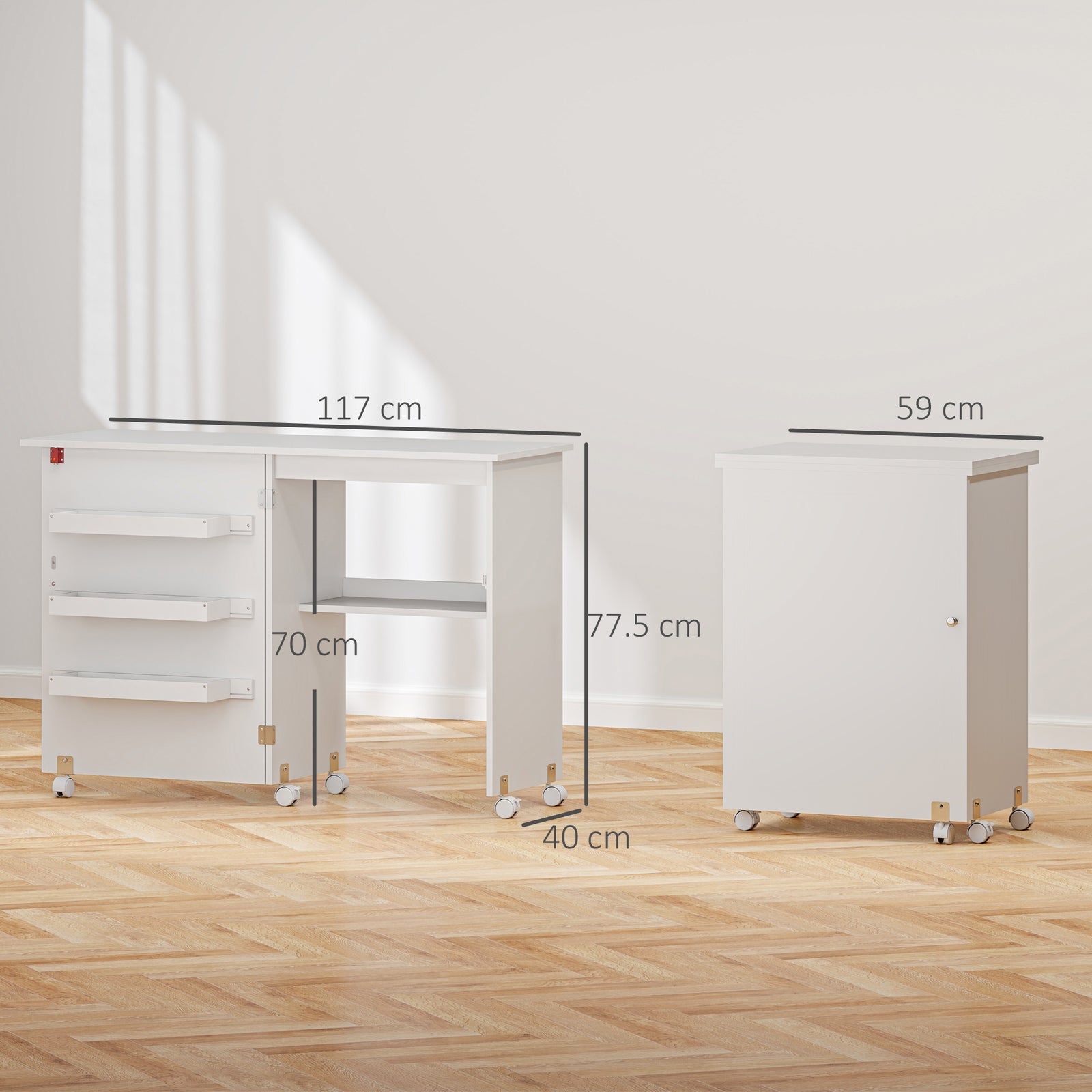 Folding Sewing Table, Drop Leaf Craft Table with Storage Bins, Open Sh