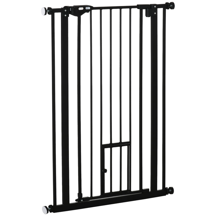 PawHut Extra Tall Dog Gate with Cat Door, Pet Safety Gate for Doorways Stairs with Auto Close Double Locking, 104H x 74-80W cm, Black | Aosom UK