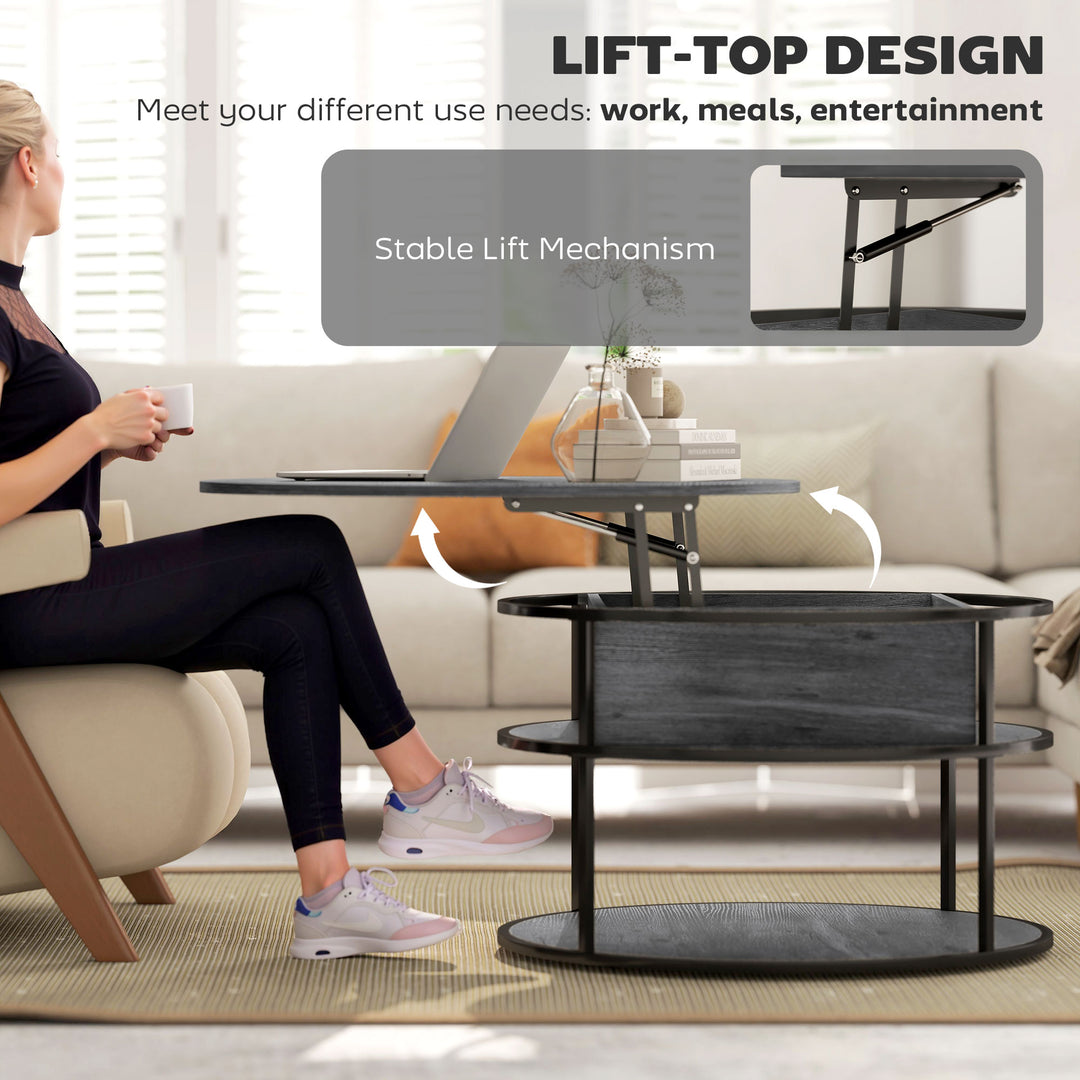 Lift Top Coffee Table, Round Coffee Table with Storage Shelf, Hidden Compartment and Steel Frame for Living Room, Home Office, Charcoal Grey