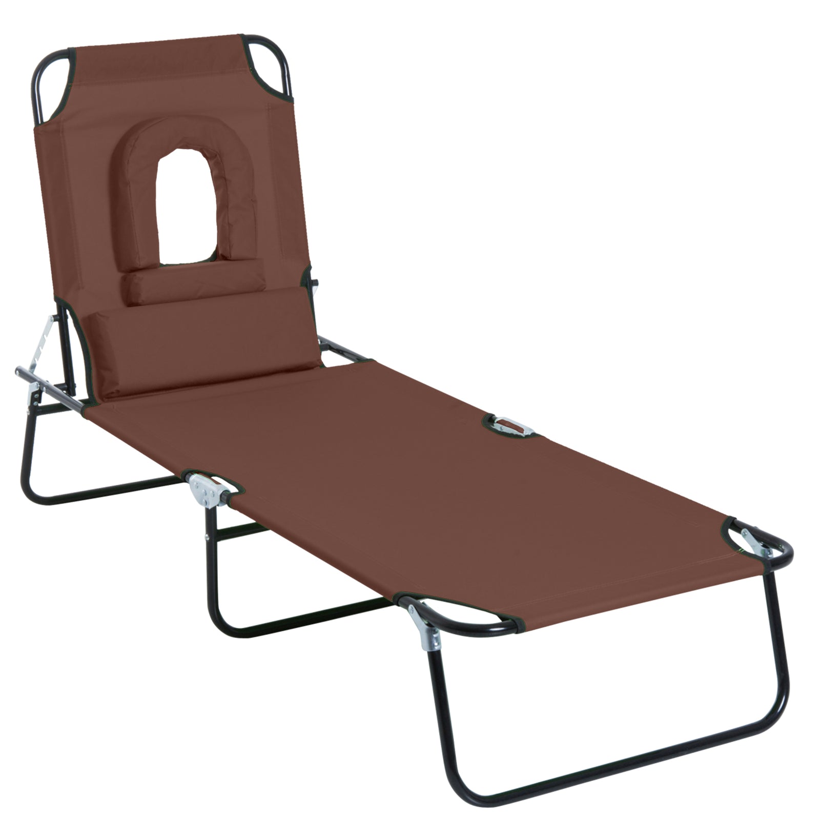 Outdoor Folding Sun Lounger with Face Hole, 4 Level Adjustable Backrest Reclining Garden Lounger, Garden Recliner Sunbed with 600 D Oxford Cloth Seat and Pillow for Beach, Brown
