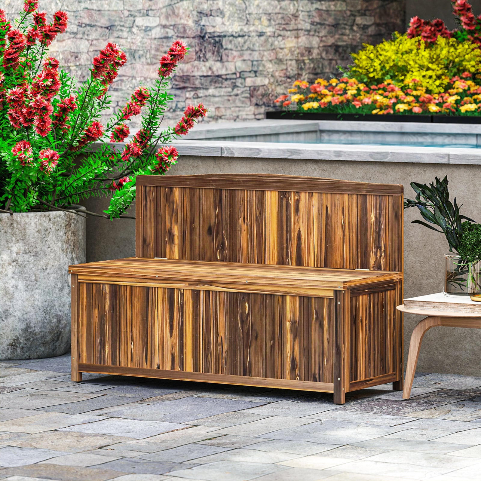 Wood Storage Bench for Patio Furniture, Outdoor Garden Seating Tools, Brown