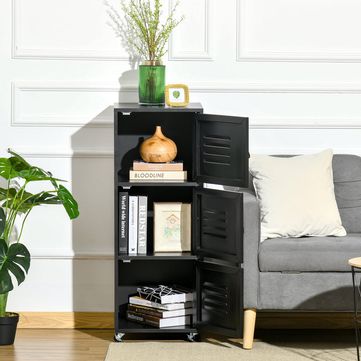 MCL Rolling Storage Cabinet 3-Tier Mobile File Cabinet with Wheels & Metal Doors for Home Office, Living Room, Black