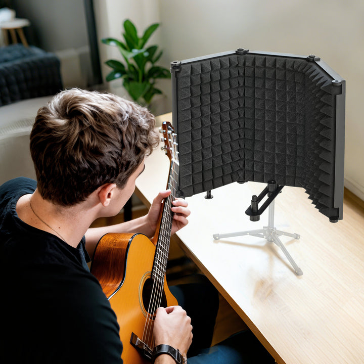 Studio Microphone Isolation Shield, Foldable Adjustable Recording Studio Equipment, 3-Panel High Density Absorbent Foam Shield with 3/8" Threaded Mount