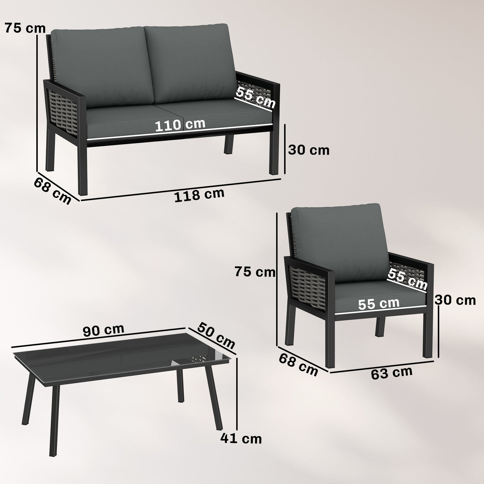 4 Seater Rattan Garden Furniture Set with 2 Armchairs, Loveseat, Coffe