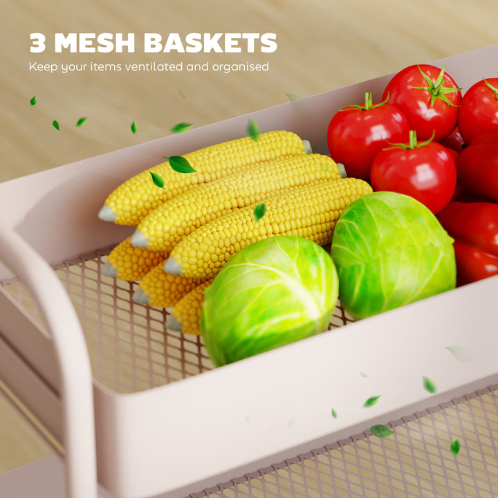 3-Tier Storage Trolley on Wheels, Rolling Utility Cart with Mesh Backets for Kitchen, Bathroom, Bedroom