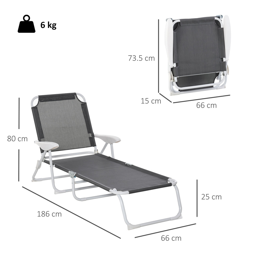 Foldable Sun Lounger, Outdoor 4 Level Adjustable Backrest Reclining Lounge Chair with Armrests for Patio, Garden, Dark Grey