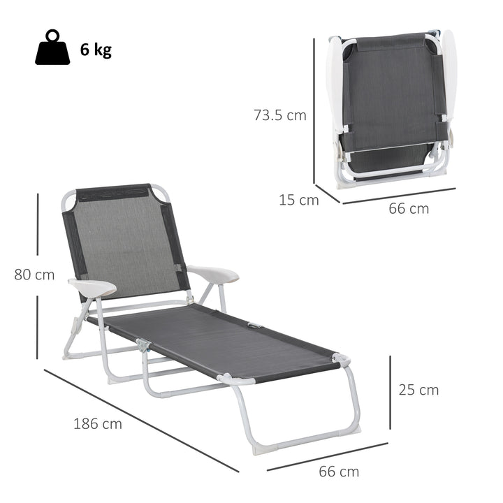 Foldable Sun Lounger, Outdoor 4 Level Adjustable Backrest Reclining Lounge Chair with Armrests for Patio, Garden, Dark Grey