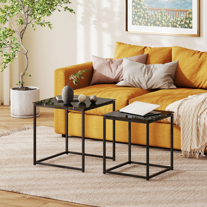 MCL Nest of Tables, Set of 2 Coffee Table, Side Tables with Tempered Glass Desktop and Metal Frame for Living Room, Bedroom, Office, Black