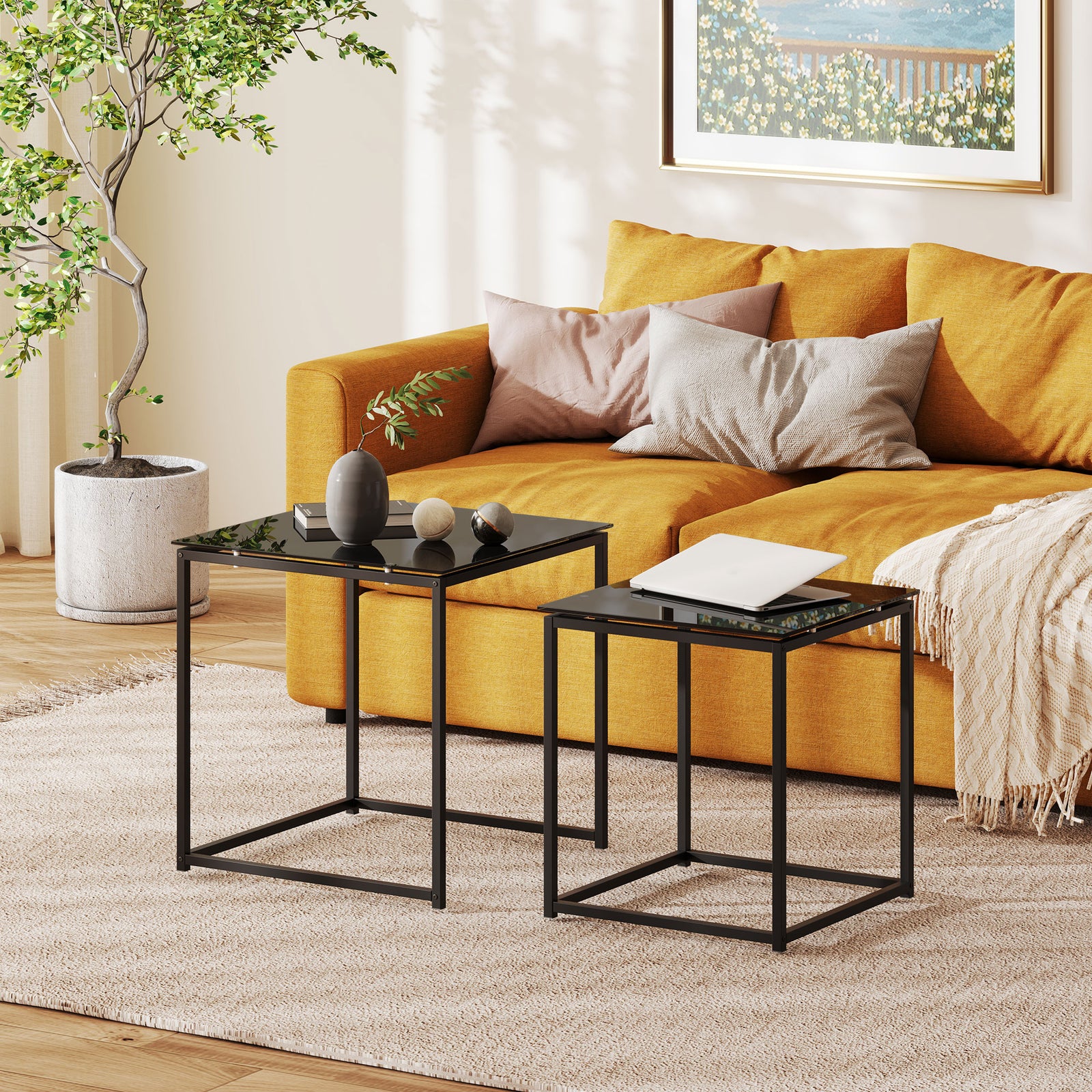 Nest of Tables, Set of 2 Coffee Table, Side Tables with Tempered Glass Desktop and Metal Frame for Living Room, Bedroom, Office, Black