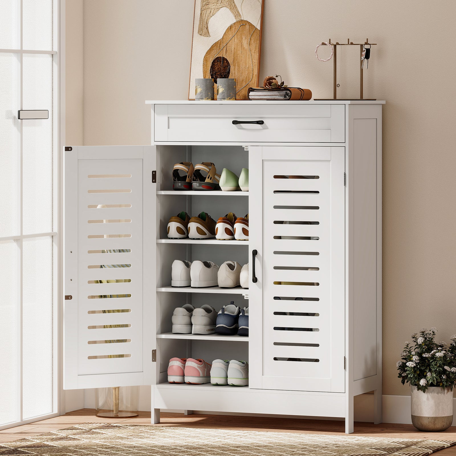 Shoe Cabinet with Louvered Doors, Modern Shoe Storage Cabinet with Dra