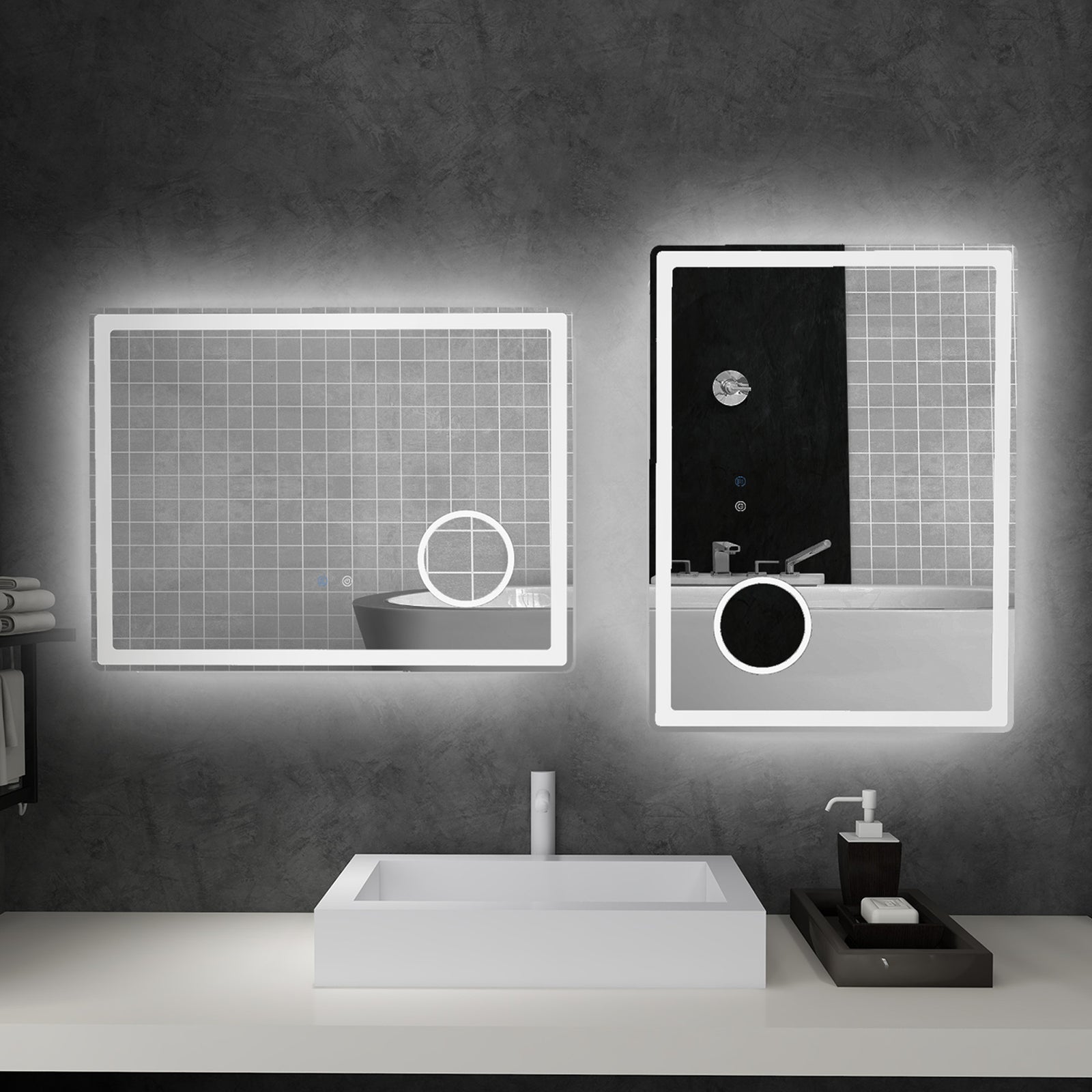 LED Bathroom Mirror with Lights, 3X Magnifying Mirror, Dimming Lighted Bathroom Mirror, Vanity Mirror with 3 Colour Front and Backlit, Smart Touch, Anti-Fog, Horizontal and Vertical, 80x60cm