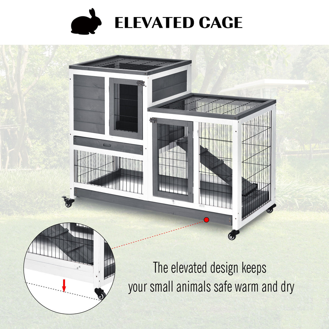 PawHut Wooden Indoor Guinea Pigs Hutches Elevated Cage Habitat with Enclosed Run with Wheels, Ideal for Rabbits and Guinea Pigs, Grey and White