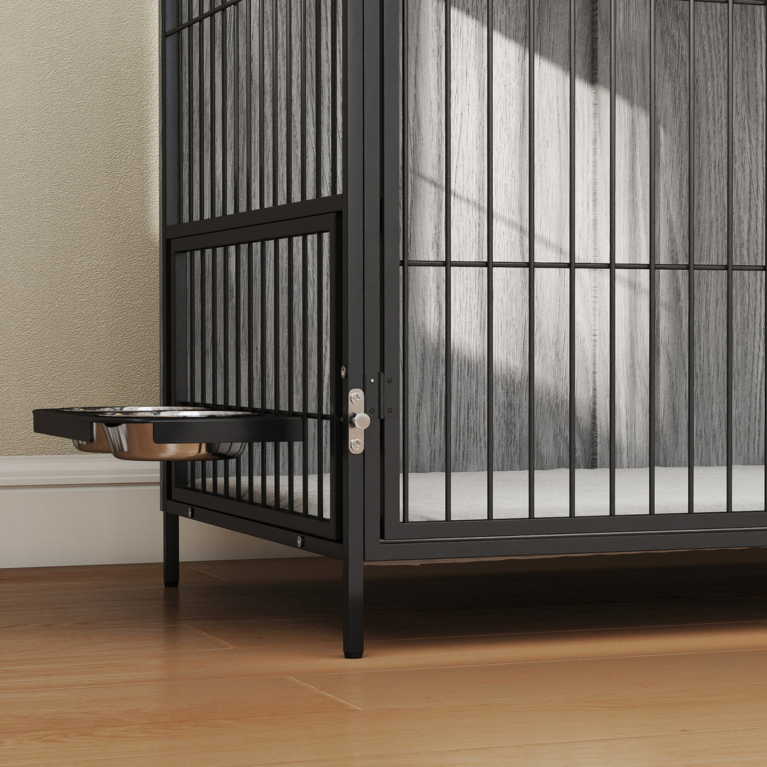 Large Dog Crate Furniture with Rotating Bowl Holder, 2 Bowls, 2 Doors, for Large Dogs, 100 x 60 x 88 cm, Grey