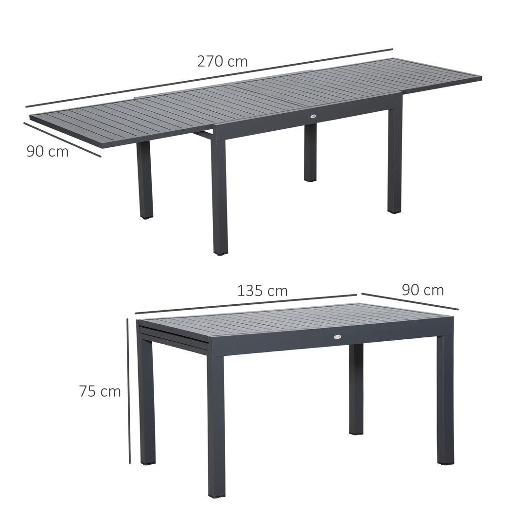 Extendable Garden Table 135-270cm x 90cm x 75cm, 10 Seater Outdoor Dining Table with Aluminium Frame for Lawn, Balcony and Backyard, Grey