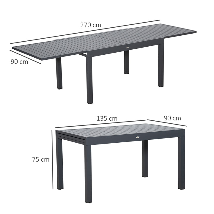 Extendable Garden Table 135-270cm x 90cm x 75cm, 10 Seater Outdoor Dining Table with Aluminium Frame for Lawn, Balcony and Backyard, Grey