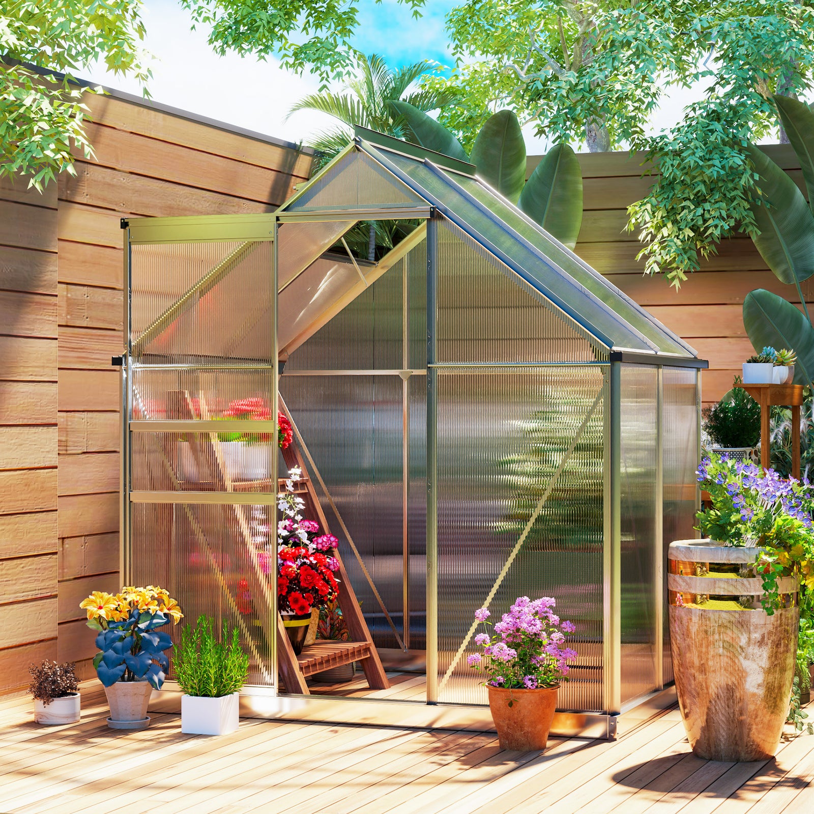 192.5 x 131cm Walk-In Polycarbonate Greenhouse - Silver-Tone