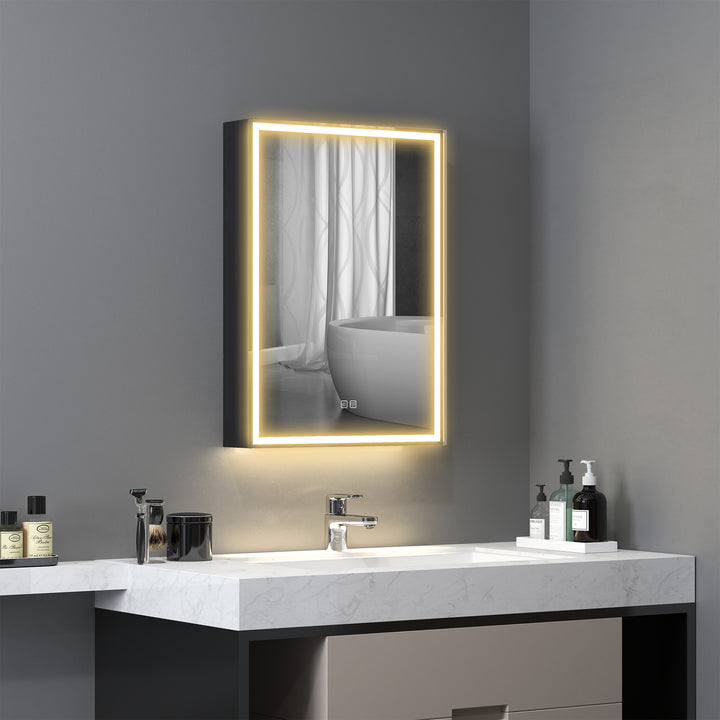 Bathroom Mirror Cabinet with LED Lights and Shaver Socket, 500 x 700 mm Wall Mounted Bathroom Cabinet with Mirror, Demister Pad, Dimmer, 3 Colours, Medicine Cabinet, Black