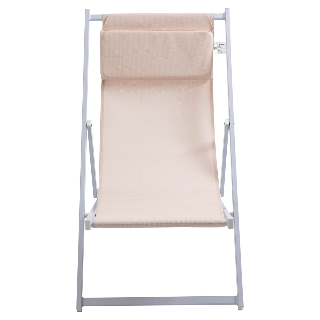 Set of 2 Folding Garden Beach Aluminium Frame Deck Chairs Deckchairs Seaside Folding Garden Patio Lounger, Beige