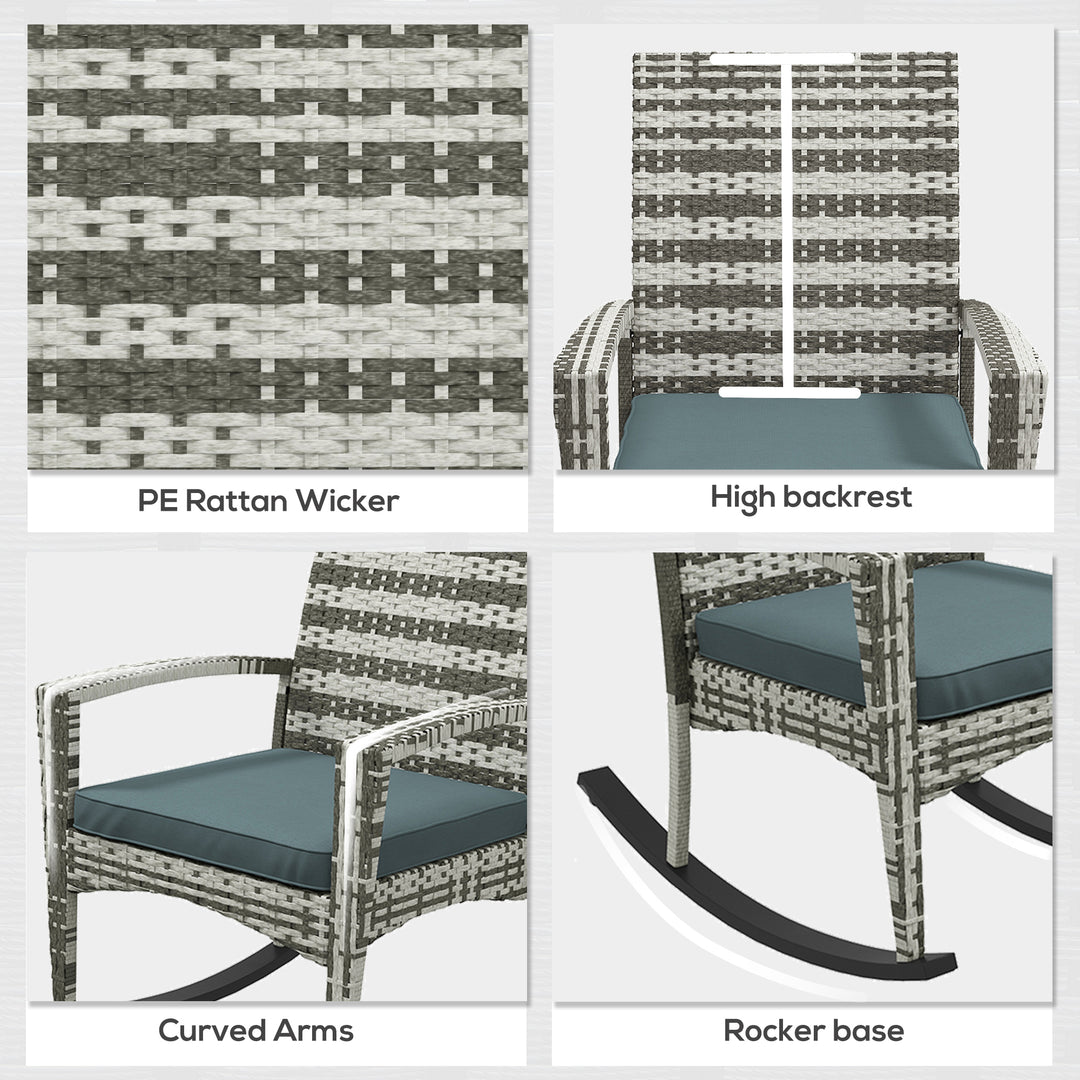 PE Rattan Garden Rocking Chair, Outdoor Rocking with Cushion, 160 KG Capacity Wicker Garden Armchair Rocker with Metal Frame for Patio, Porch, Balcony, Light Grey