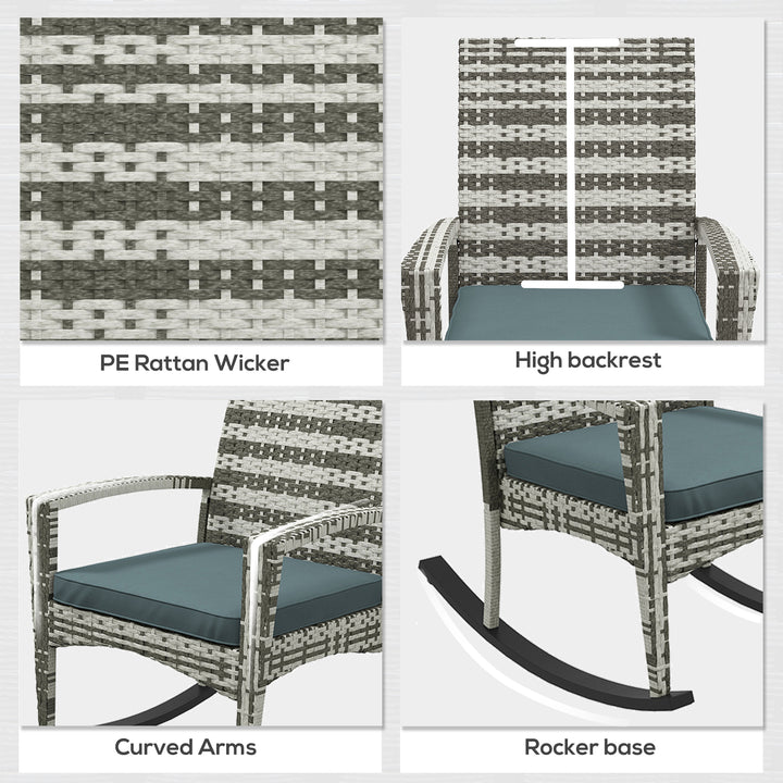 PE Rattan Garden Rocking Chair, Outdoor Rocking with Cushion, 160 KG Capacity Wicker Garden Armchair Rocker with Metal Frame for Patio, Porch, Balcony, Light Grey