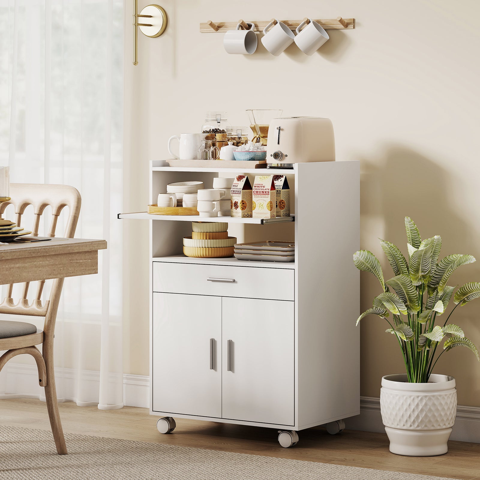 Kitchen Trolley with Wheels, Modern Mobile Microwave Stand with Slide-
