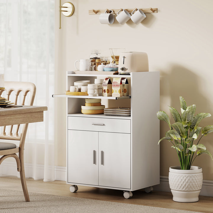 Kitchen Trolley with Wheels, Modern Mobile Microwave Stand with Slide-