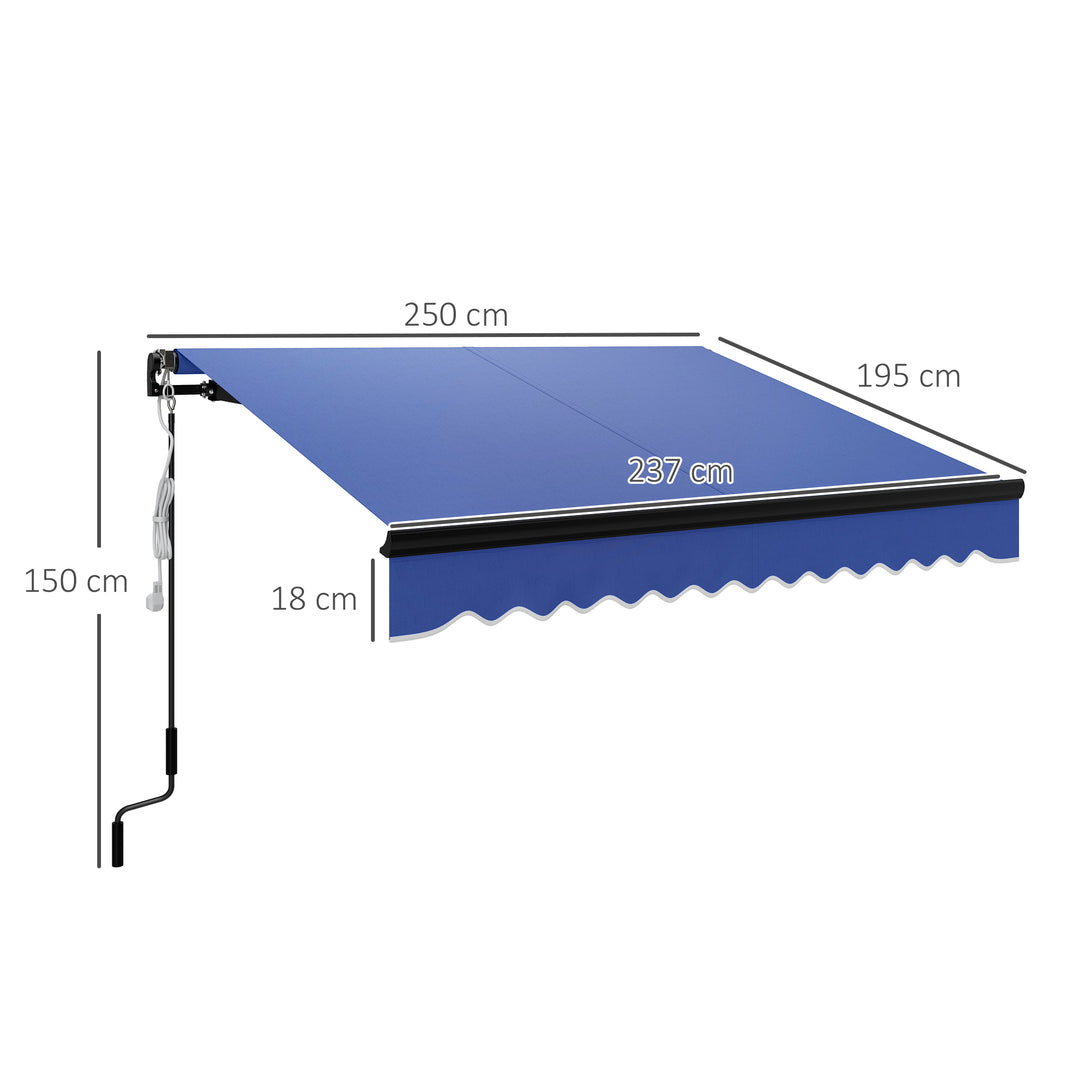 2.5 x 2m Electric Awning with LED Light and Remote Controller, Aluminium Frame DIY Retractable Awning, UV50+ Sun Shade Canopy for Garden Patio Deck Door Window, Blue
