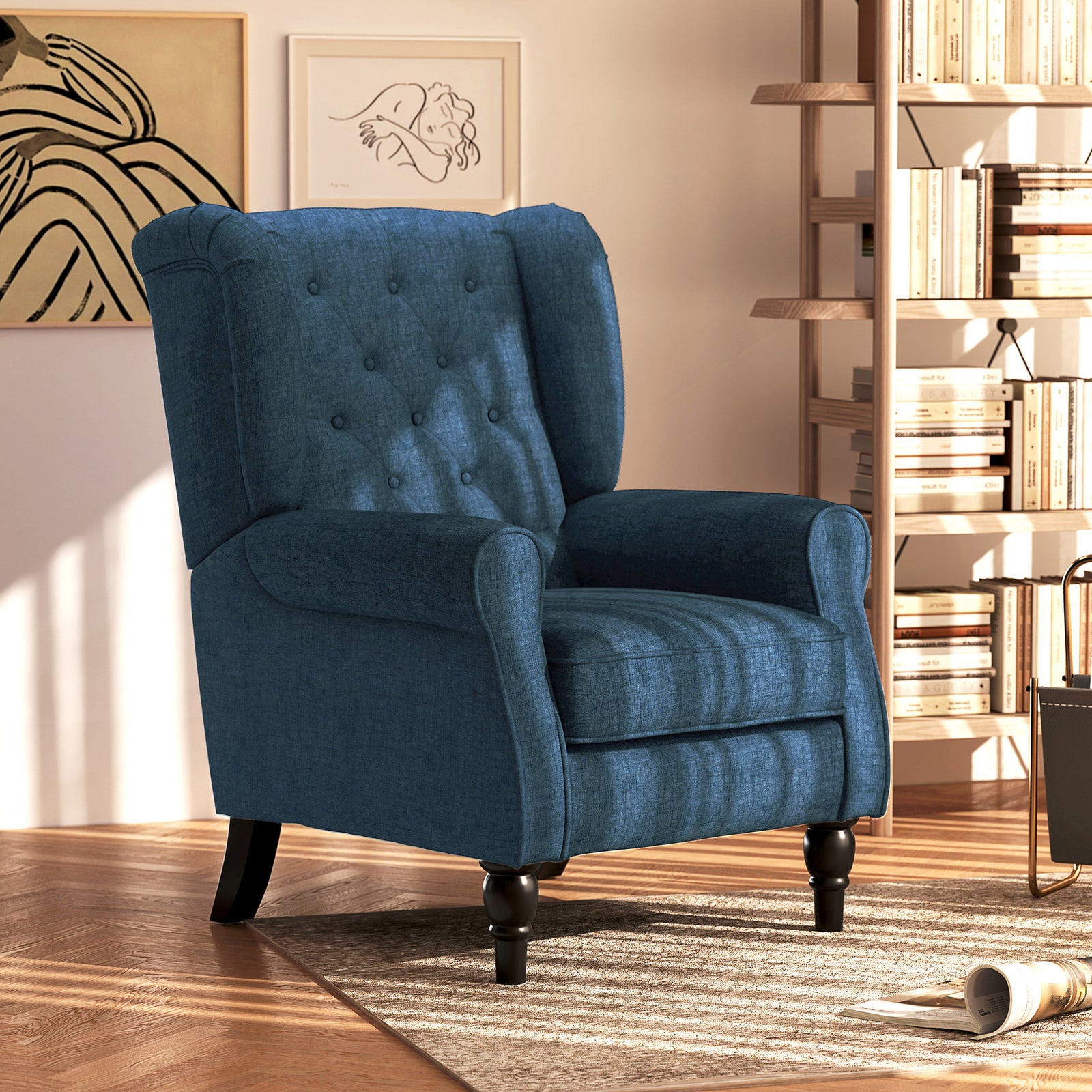 Wingback Accent Chair, Retro Upholstered Button Tufted Occasional Chair for Living Room and Bedroom, Blue