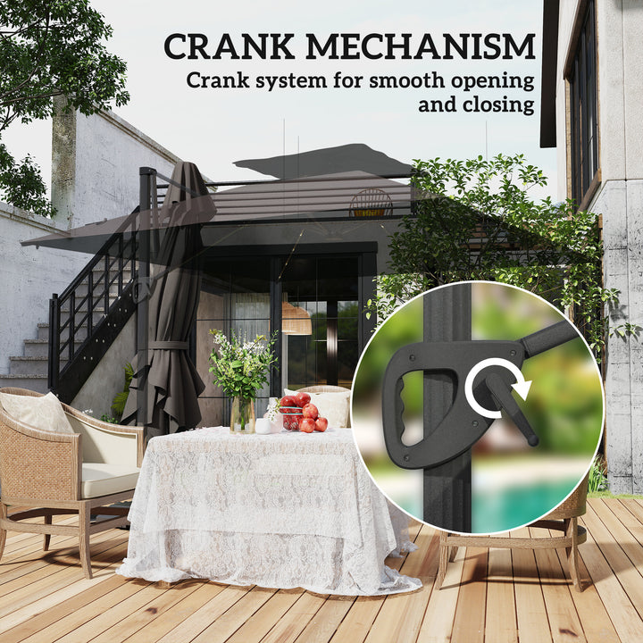 3.5x3 m Garden Cantilever Parasol with Solar LED Lights and Centre Light, Aluminium Large Square Patio Umbrella, UPF50+ Hanging Sun Shade with Cross Base, Crank Handle and Tilt, Grey