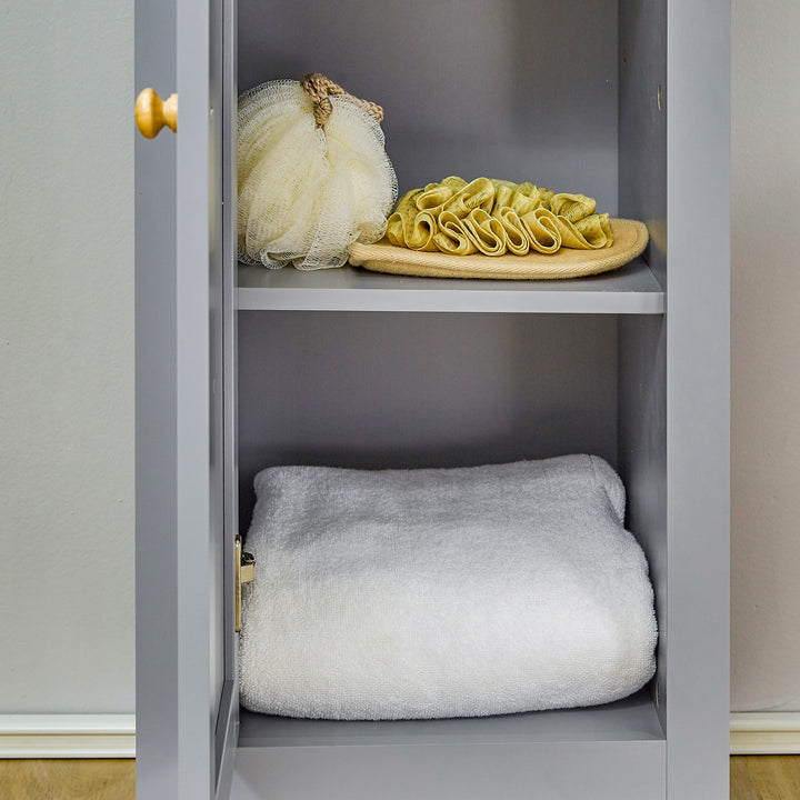 kleankin Tall Linen Cabinet: Freestanding Bathroom Storage with 3-Tier Shelf & Cupboard, Slim Side Organiser, Grey | Aosom UK