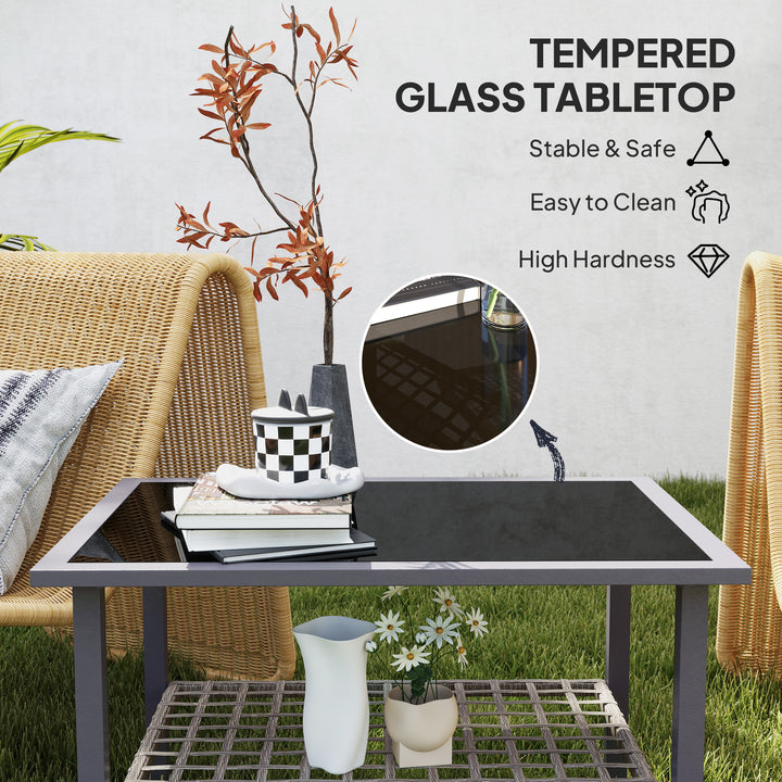 Outdoor Rattan Coffee Table with Tempered Glass Top, Storage Shelf, Foot Pads, for Patio, Balcony, Mixed-grey