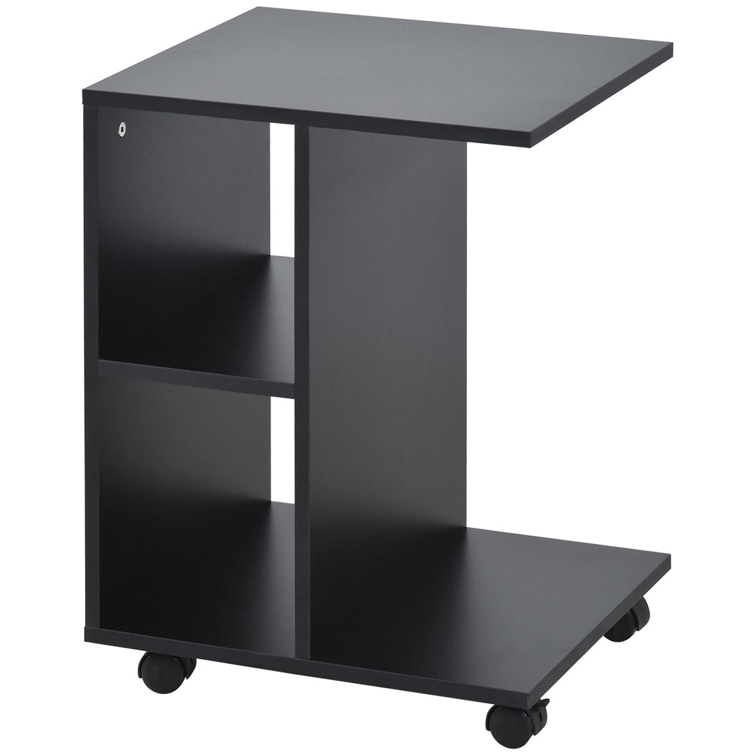 C-Shape End Table Unique Storage Unit w/ 2 Shelves 4 Wheels Freestanding Home Furniture Cabinet Square Black