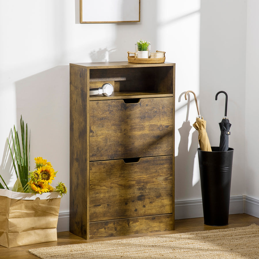 Shoe Cabinet with 2 Flip Doors, Slim 2-Drawer Shoe Cupboard with Adjustable Divider and Open Compartment for 12 Pairs of Shoes, Entryway Storage Unit, Rustic Brown